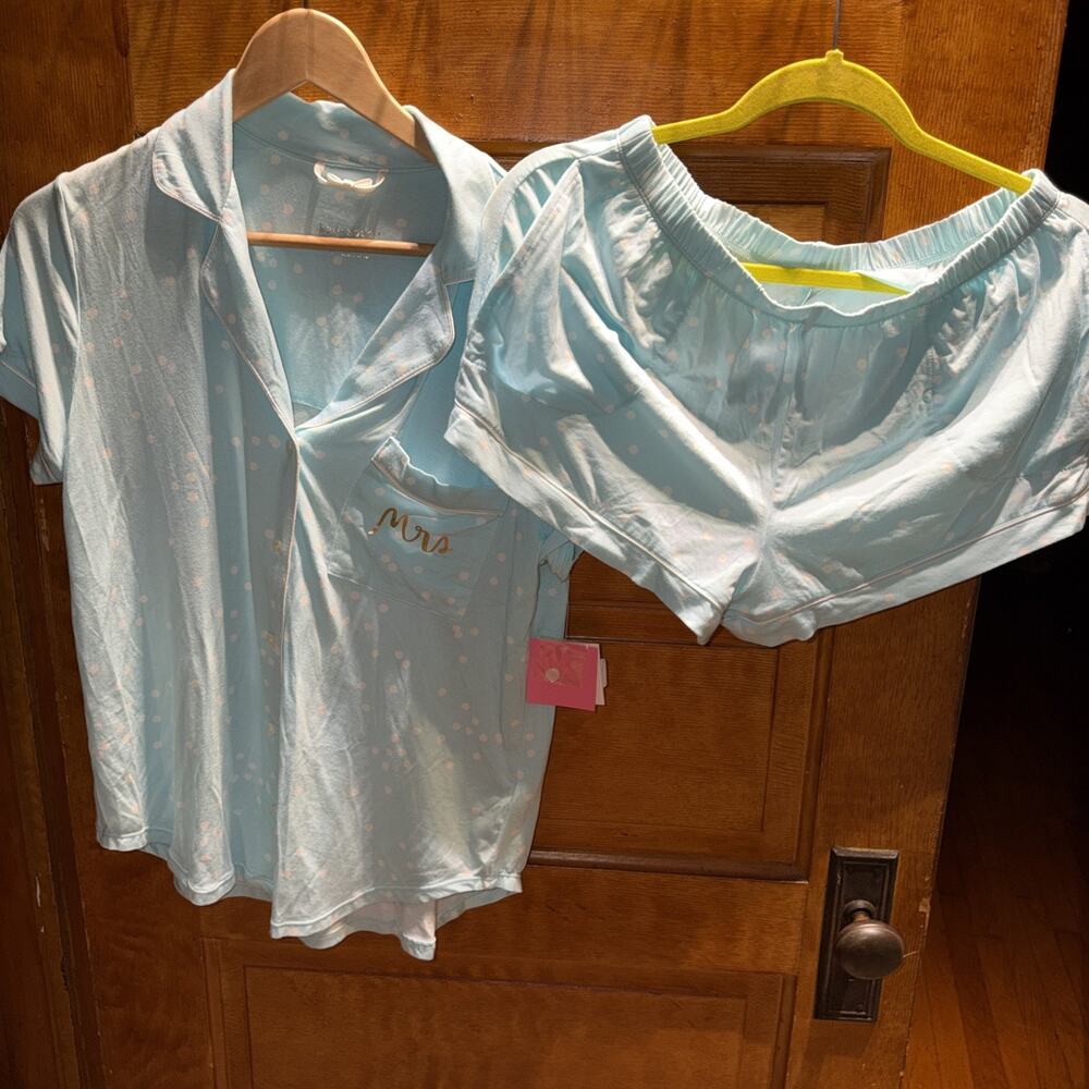 kate spade new york Mrs Bridal 2 Pc Cotton Knit Aqua Blue Polkadot Pajama Set S